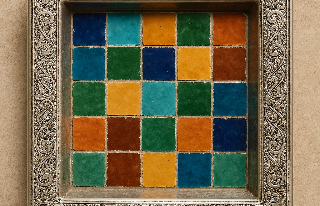 vide-poches en zellige marocain, cadre en cuivre argenté - artisanat du Maroc